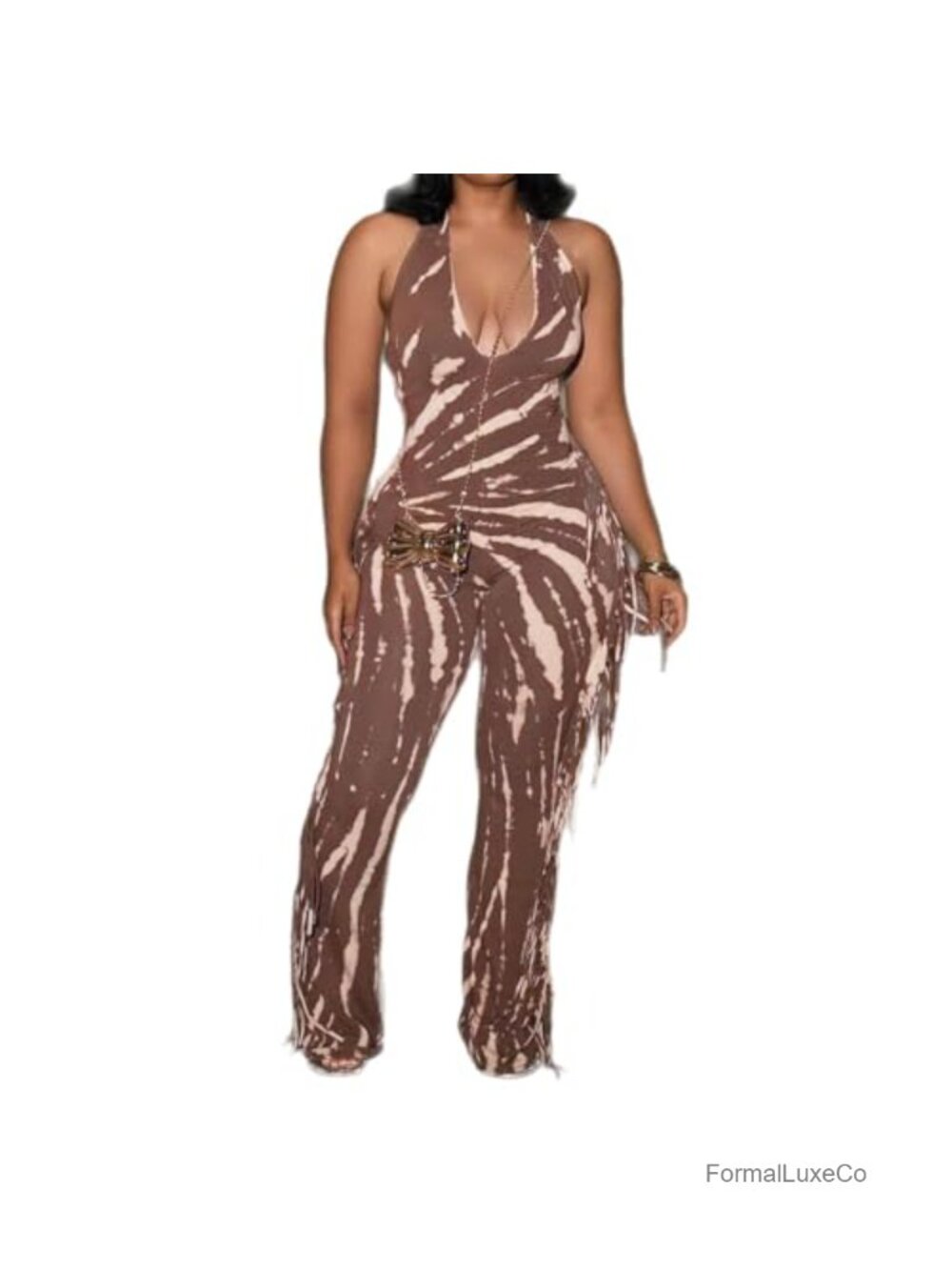 Women's Sleeveless U Neck Fringe Print Jumpsuit Flared Pants Romper